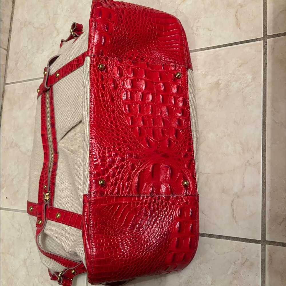 BRAHMIN MEGATOTE WINDJAMMER HANDBAG CREAM CANVAS & RED - Picture 6 of 9